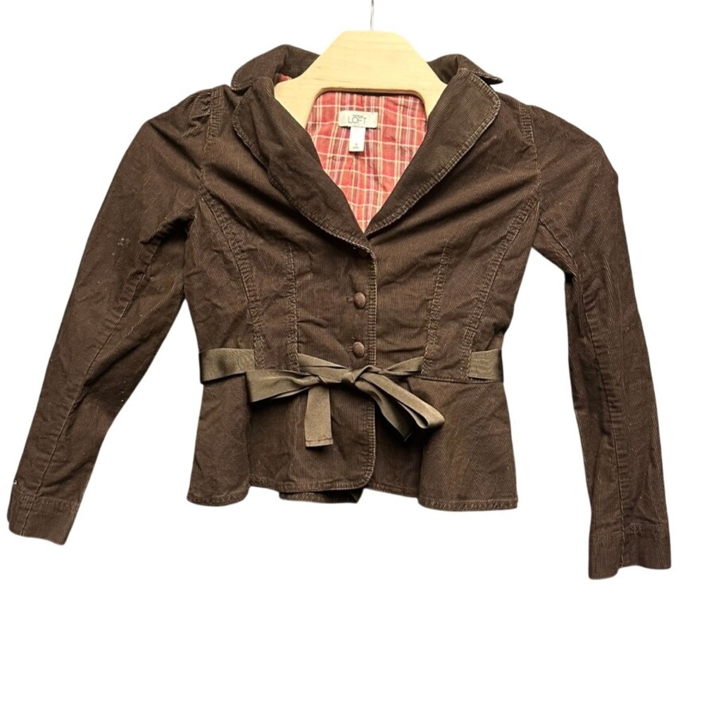 Ann Taylor Loft Brown Corduroy Blazer Jacket Plaid Lined Ribbon Tie Size 6
